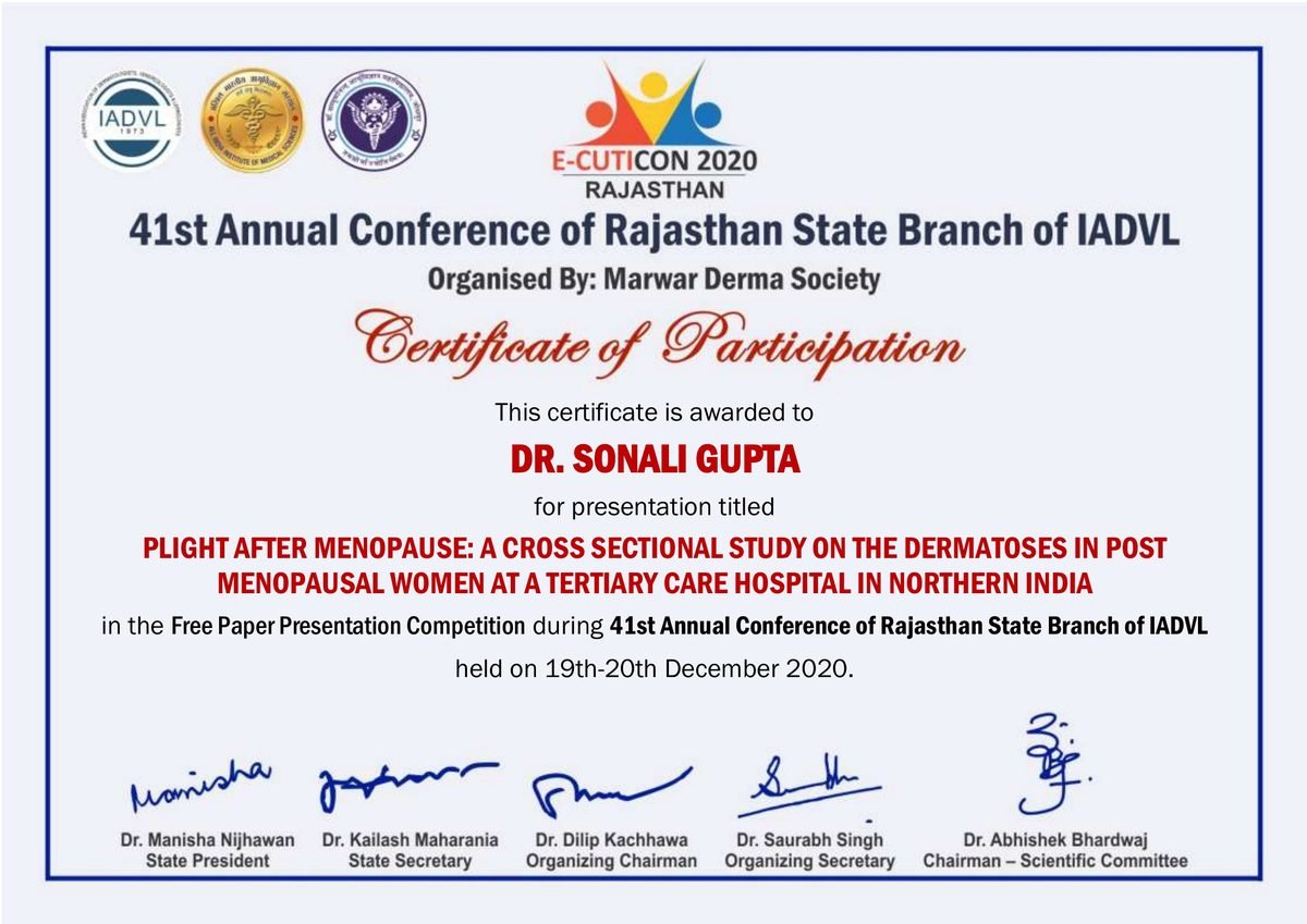 E-CUTICON 2020 — Certificate of Participation for Dermatoses in Post Menopausal Women