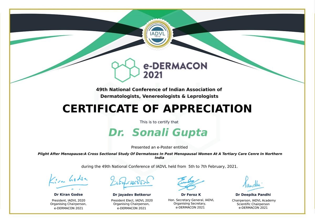 e-DERMACON 2021 — Certificate of Appreciation for Dermatoses in Post Menopausal Women Study